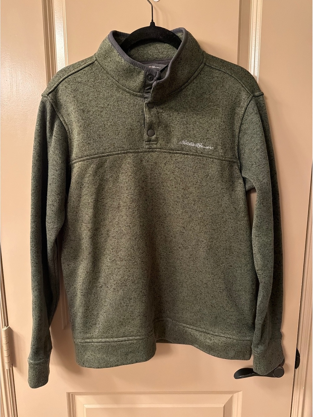 Eddie Bauer Men's Olive Green Fleece Pullover Sweater with Snap Button Collar, L